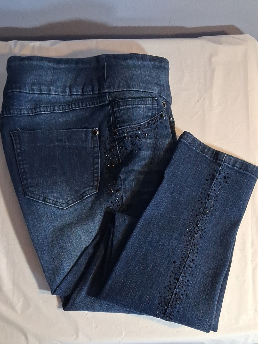 Peck & Peck Dark Blue Straight Leg Jeans with Black Rhinestone Detailing